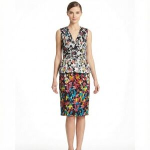 BCBGMAXAZRIA 100% Silk ‘Amalia’ Sleeveless Watercolour Print Peplum Dress Sz 0